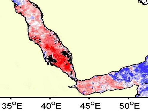 Color-coded representation of chlorophyll concentration in the Red Sea.