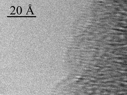 A HRTEM phase-contrast image of a single A-DNA helix bound to a 100 Å DNA bundle.