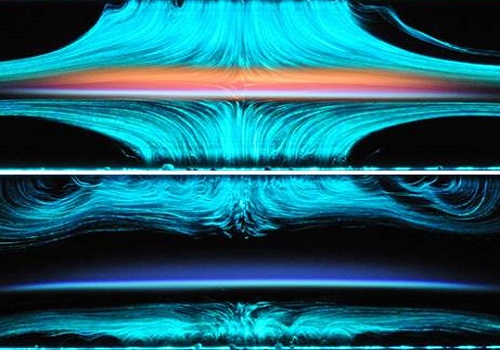 The application of a strong electric field to a sheet of flame causes major changes that can be exploited to control combustion and emissions. Top image is with no electric field; bottom image is with an electric field.