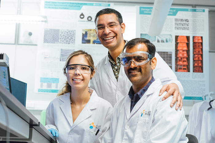 The KAUST team: Himanshu Mishra (back),  Jamilya Nauruzbayeva (left) and Sankara Arunachalam. (Lead co-author, Eddy Domingues, left KAUST in 2017 for a position at University of Aveiro.)