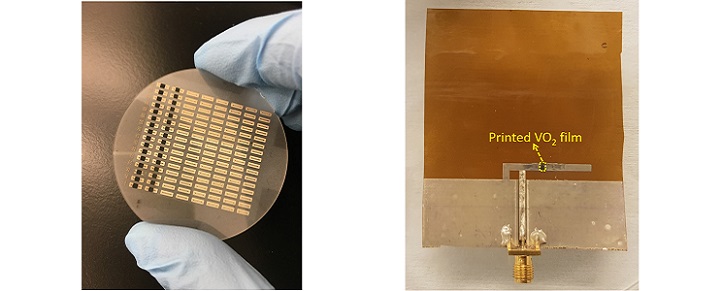 The researchers obtained two thermally and electrically responsive switch configurations on a sapphire surface (left) as well as a tunable antenna operating in two different frequency ranges (right)  © 2018 Wiley-VCH