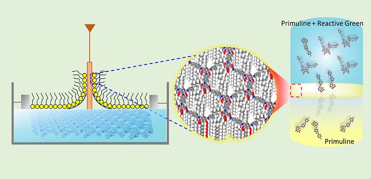 During the Langmuir–Blodgett process (left), the amine and aldehyde molecules gradually formed an extended two-dimensional network at the air–water interface (middle). The network consisted of amine and aldehyde molecules paired into hexagonal structures (right).