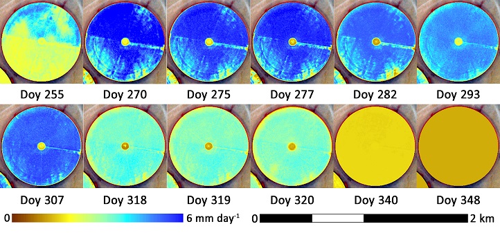 Crop development and water use for a specific maize pivot.  The CubeSat imagery enables observation of the differences within the field for different planting dates for the upper and lower portions of the field.