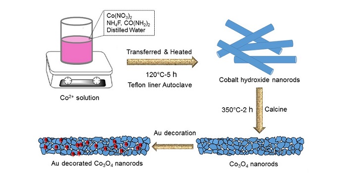 The gold-decorated nanorods were created in a three-step process.