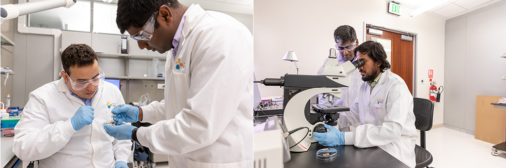 Left image: Abdellatif Ait Lahcen (left) and Sandeep Surya discuss the team's nanomaterial-based electronic device.Right image: Sandeep Surya (back) and Saravanan Yuvaraja observe the uniform deposition of the device under a microscope.