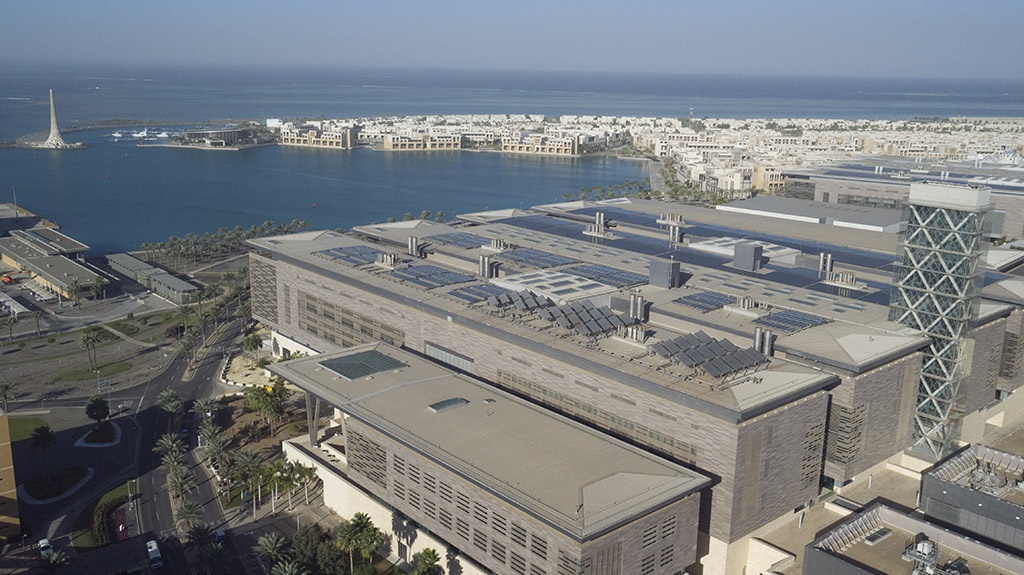 Ariel view of KAUST campus showing solar cells on top of some of the buildings.