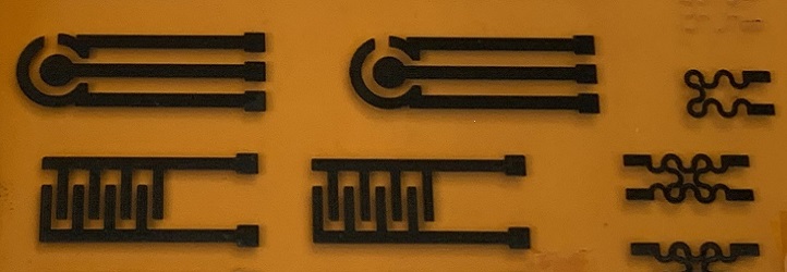 The structure of graphene sensors for pH (top left), salinity (lower left) and temperature (right).