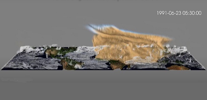 The team has developed a simulation of the Mount Pinatubo eruption in 1991. The blue shading represents sulfur dioxide, the white shading represents sulfate aerosols and the orange area represents volcanic ash.