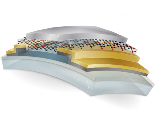 The flexible transistor rests on a polyimide substrate, and includes layers of tin oxide (dark blue) and the ferroelectric polymer P(VDF-TrFE) (red, black and yellow molecular structure).