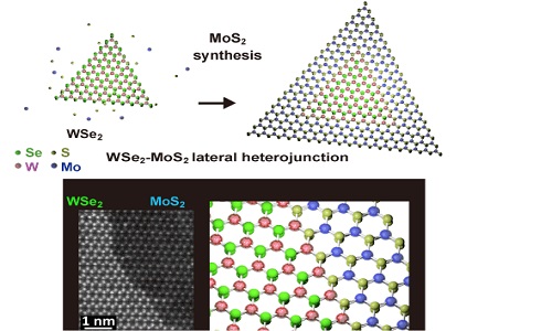 Two-step synthesis of two-dimensional nanosheets. The interface between the WSe2 and MoSe2 sheets is atomically perfect.