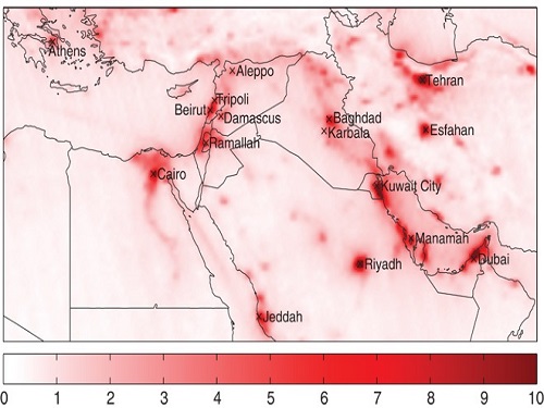 Tropospheric nitrogen dioxide over the Middle East averaged over the period from 2005-2014