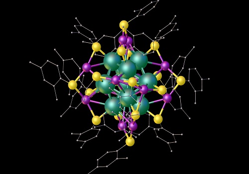 Structure of the nanoparticles containing exactly 25 silver atoms (purple, green) and surrounding stabilizing components.