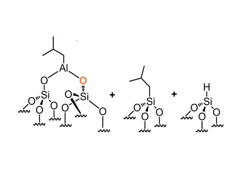 The aluminum-based compound TIBA can latch on to oxygen atoms on the surface of silica (left), but may also form unwanted side-products (center and right).