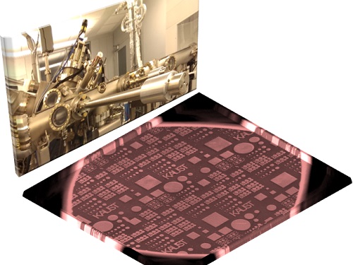 Molecular beam epitaxy (top left) creates integrated gallium-nitride optical devices on a metal substrate.