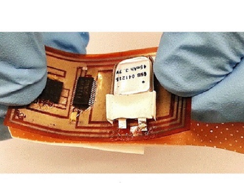 The sensor is printed on a disposable bandage strip using a low-cost inkjet printing technique. It has a detachable sticker that carries the wireless electronics and can be reused multiple times.