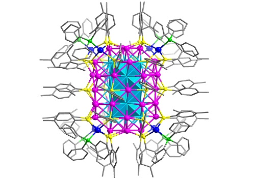 The total structure of the nanocluster with the location of silver atoms depicted in blue, magenta, and cyan (with sulfur in yellow, phosphorus in green, carbon in grey and with hydrogen atoms omitted for simplicity)