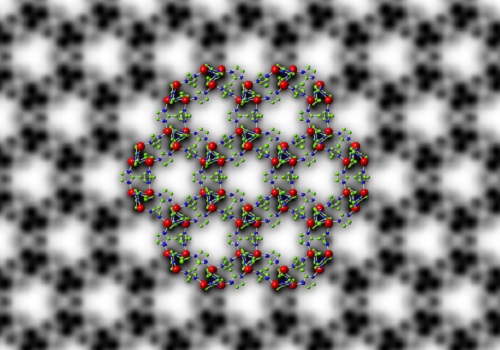 Symmetry-imposed and lattice-averaged HRTEM image of the metal–organic framework ZIF-8 (black and white) with a structural model overlaid to show the position of the zinc ions and organic ligands (in color).