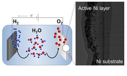 An electron microscope image of a nickel anode (right) that boosts the oxygen-evolution reaction that is important for water splitting (left).