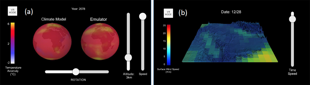 A snapshot of two apps developed to visualize and compare climate model output and output from a statistical model (emulator). The statistical emulator app reproduces annual three-dimensional temperature from 1850 to 2100 (a) and reproduces daily winds over the Arabian peninsula from 1920 to 2100 (b).