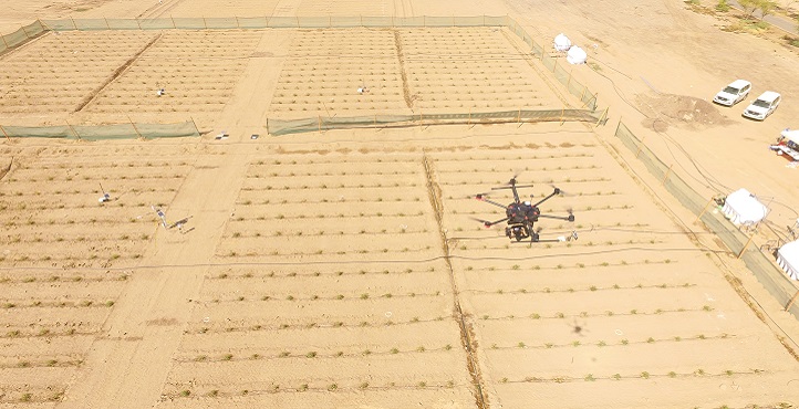 The M600 UAV, mounted with a hyperspectral camera, in mid-flight above a field experiment to measure the salt stress responses of 200 accessions of wild tomato S. pimpinellifolium.