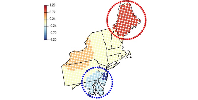 This map shows how the mixed effect model breaks the northeastern U.S. into blocks, allowing them to identify "hotspots."