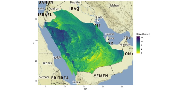 Map of hourly wind speed over Saudi Arabia in June 2010 from the WRF simulated data. From just a few monitoring locations, the team was able to efficiently compute a full forecast distribution to construct maps of wind speed for all of Saudi Arabia at high spatial resolution for up to several hours ahead.