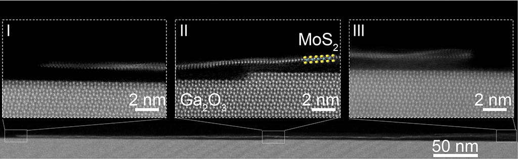 This cross-section view shows the long and monolayer MoS2 nanoribbon on top of the ledge of the Ga2O3 substrate.