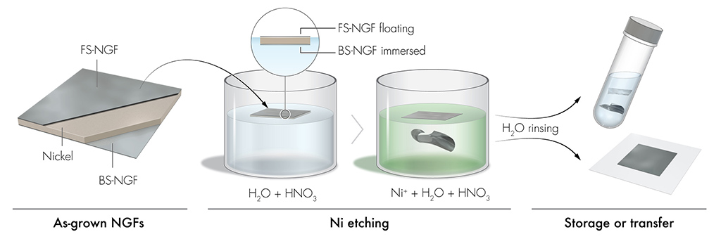Polymer-free wet chemical transfer process for NGFs grown on Ni foil.