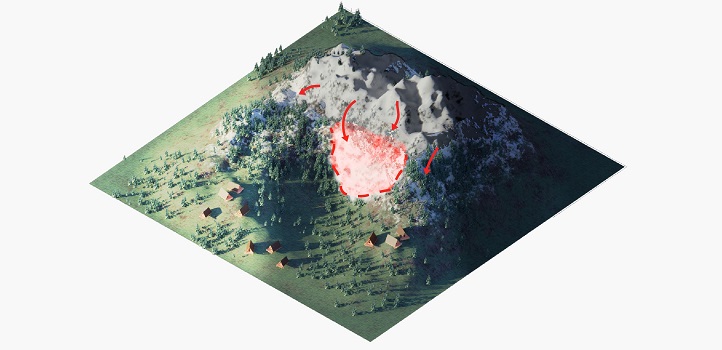 Improving prediction methods for landslides could give communities and disaster management agencies better warning systems, which could save lives. The red arrows show potential future landslide points; the red shaded area is a current hazard zone.