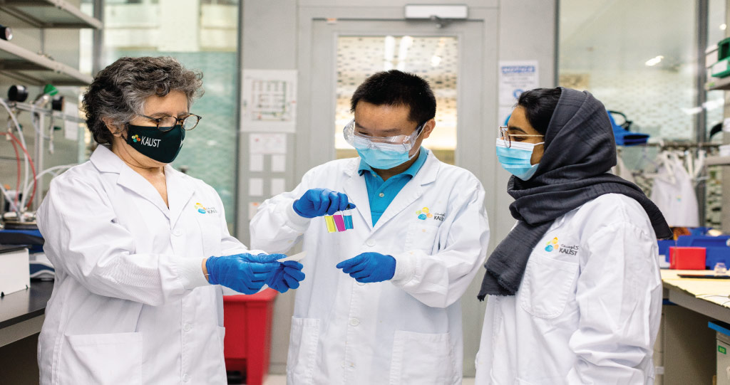 Susana Nunes (left), Tiefan Huang (center) and Mram Alyami (right) are developing more cost-effective membranes for molecular separations.