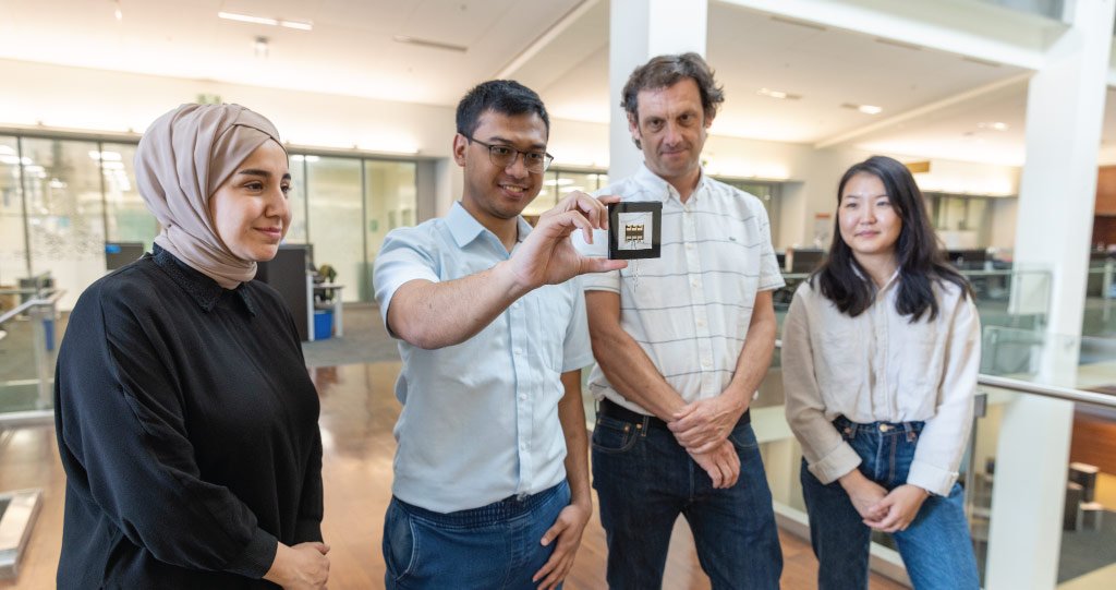 From left: Esma Ugur, Randi Azmi, Professor Stefaan De Wolf and Akmaral Seitkhan are now developing ultrastable inverted perovskite solar cells with efficiencies close to those of regular devices.