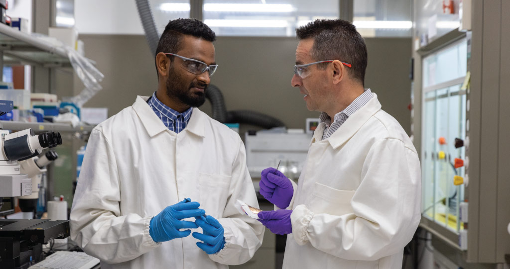 Kalaivanan (left) and Professor Thomas Anthopoulos hope to integrate their diodes into radio-frequency circuits, ID tags and wireless energy harvesting devices.
