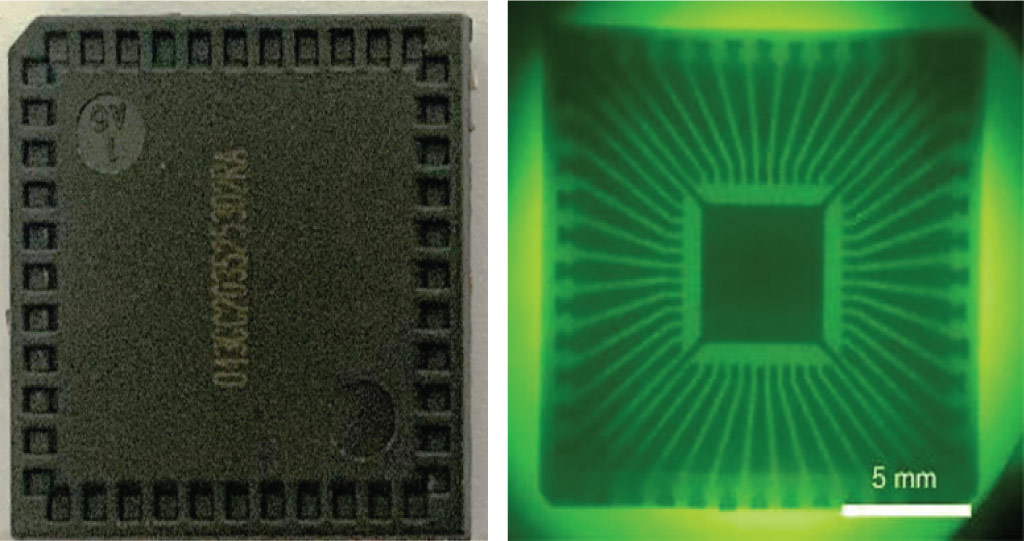 Bright- and dark-field photographs of an electronic chip before and after X-ray exposure.